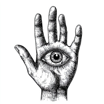 recommend clip art: Black and white sketch engraving of a hand forming an OK gesture, featuring a mystical eye in the palm. Generative AI raster illustration with scratch board imitation style, blending symbolic and occu