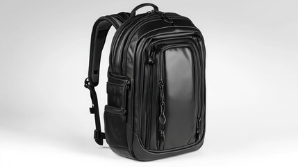 Naklejka premium Stylish black backpack with a sleek design, perfect for daily use or travel, combining functionality with modern aesthetics.