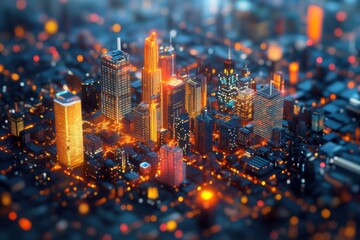 Detailed Isometric View of Skyscrapers at Night