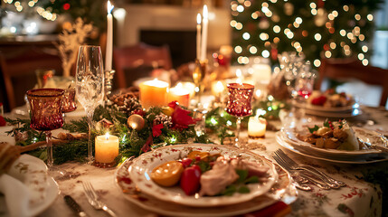 A festive family dinner with a beautifully decorated table, traditional meals, and heartfelt laughter shared among loved ones in a warmly lit room. 