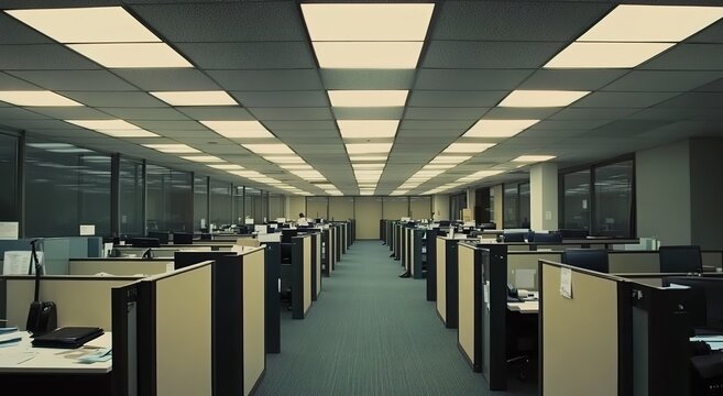 An empty, modern office with rows of cubicles and overhead lighting.