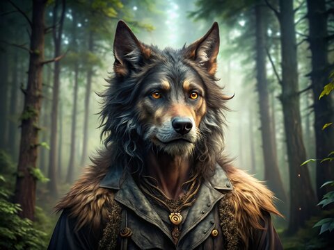 Captivating Portrait Photography of a Dogman Character in a Mystical Forest Setting, Showcasing a Blend of Canine Features and Human Expressions, Ideal for Fantasy Art Projects