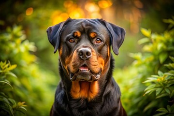 Fototapeta premium Captivating Portrait Photography of a Rottweiler Dog in a Natural Setting, Highlighting Its Strength and Loyalty with a Beautiful Background and Natural Light