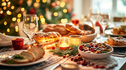 A multigenerational family dinner, the dining table brimming with flavorful dishes, fresh bread, and a glowing centerpiece in a rustic setting. 