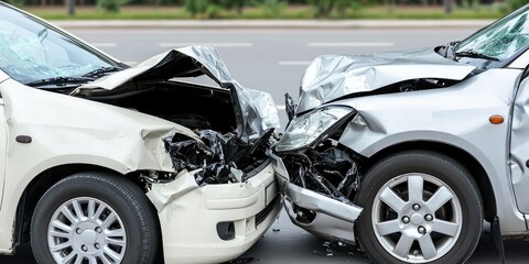 Two cars involved in a serious collision on an urban street, displaying significant damage to their fronts.