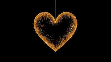 Heart silhouette made of golden glitter dust on elegant black background, sparkle, shiny