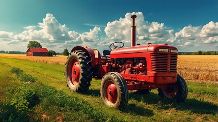 Obraz premium old red tractor in the field AI Generated