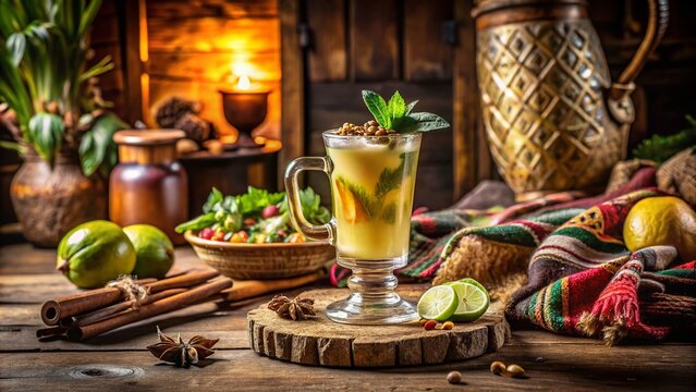 Captivating Portrait Photography of Traditional Pito Drink in a Rustic Setting, Highlighting Cultural Heritage and Authenticity in a Beautifully Crafted Glass