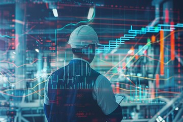 Engineer in Hard Hat Overlooks Advanced Data Visualizations in High-Tech Industrial Facility with Digital Graphs and Charts