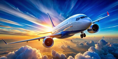 Fototapeta premium Captivating Product Photography of a Modern Airplane in Flight, Showcasing Sleek Design and Aerodynamic Features Against a Clear Blue Sky for Aviation Enthusiasts and Travel Lovers
