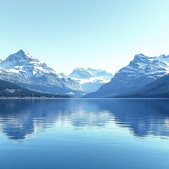 Stunning Mountain Lake Reflection in Crystal Clear Blue Water Underneath a Clear Sky Surrounded by Majestic Snow-Capped Peaks and Lush Forested Hillsides