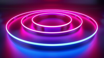 Abstract 3D background with glowing neon circles.