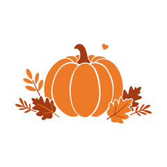 An orange pumpkin with autumn leaves