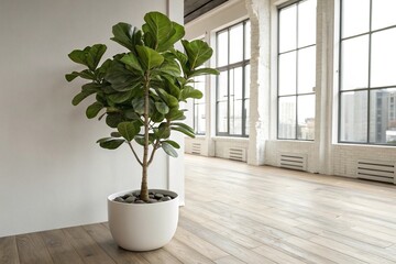 Fototapeta premium A large fiddle leaf fig tree in a large modern planter on a light-colored wood floor with a minimalist aesthetic, , botanical, indoor jungle, air purifying plants, modern decor