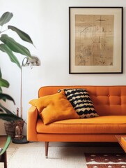 Orange Sofa With Abstract Artwork And Floor Lamp