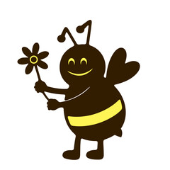 Obraz premium A happy cartoon bee holding a flower , with a simple black and yellow color scheme