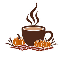 A steaming cup of coffee with pumpkins and autumn leaves on a plaid background