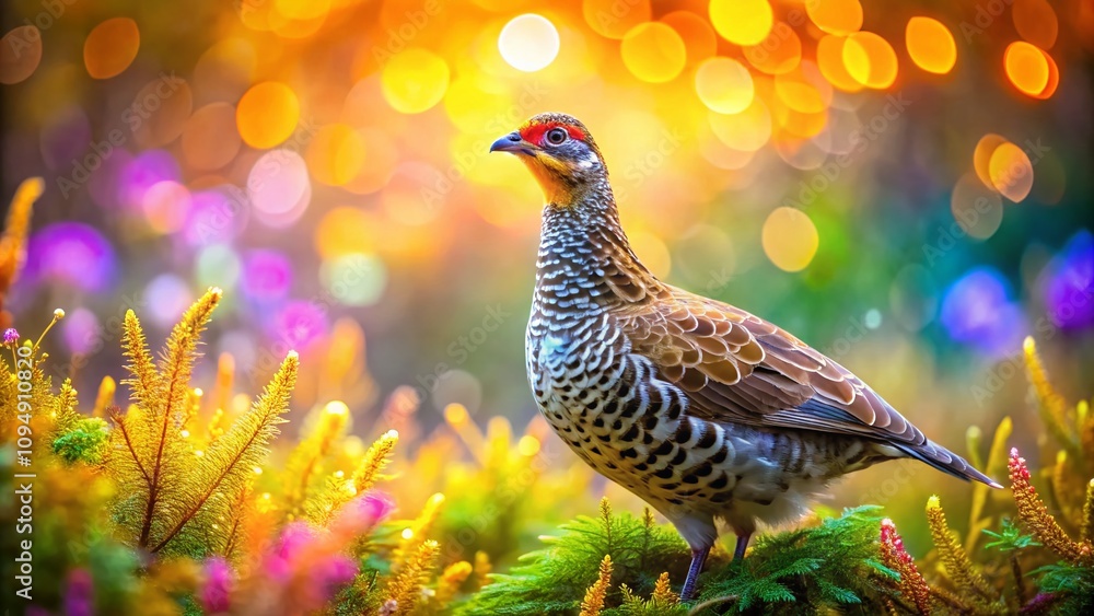 Aufkleber captivating sage hen in nature with a bokeh effect, emphasizing its unique features and habitat, ide
