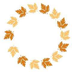 Autumn leaves arranged in a circular wreath , including orange maple leaves and yellow accents