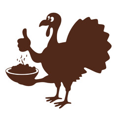 A brown turkey standing and holding a bowl of food , with a thumbs up gesture gesture