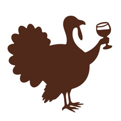 A brown silhouette of a turkey holding a wine glass, a black silhouette of a turkey holding a champagne flute