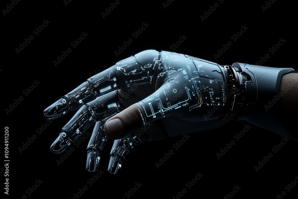 Poster a futuristic robotic hand with intricate glowing circuits reflects advanced technology and innovatio