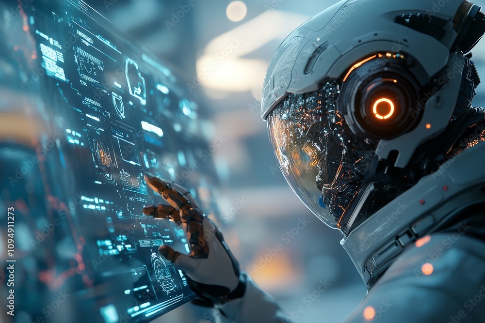 Poster a futuristic figure engages with a transparent digital interface, representing a high-tech, intercon