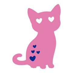 A pink cat with heart-shaped eyes and heart patterns on its body, sitting against a white background