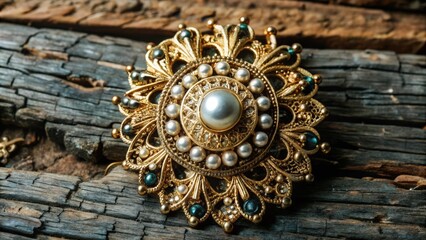 Fototapeta premium Ornate Gold Brooch with Pearls and Blue Gems on Wood