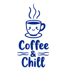 A cute cartoon coffee mug with steam rising from it, along with the text 