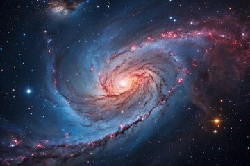 A majestic blue and red nebula in the center of a spiral galaxy surrounded by swirling clouds of gas and dust, celestial, cosmos, galaxy, astrophysics