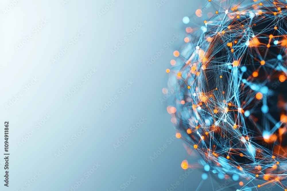 Poster a spherical structure composed of interconnected glowing nodes, representing a digital network, conv