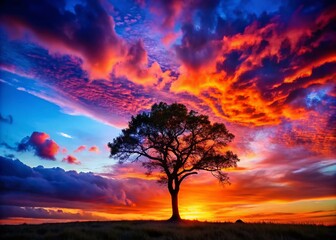 Fototapeta premium Captivating Silhouette of a Lone Tree Against a Vibrant Sunset Sky with Rich Color Gradients and Dramatic Cloud Patterns