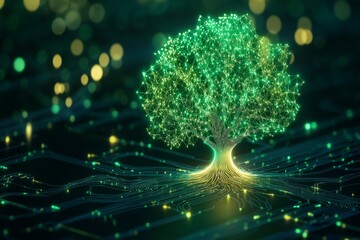 Digital tree with glowing green nodes and network connections on a dark background. Concept of technology, sustainability, and data visualization