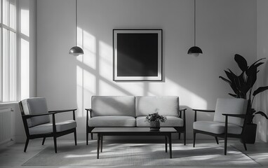 Minimalist grayscale living room with blank frame.
