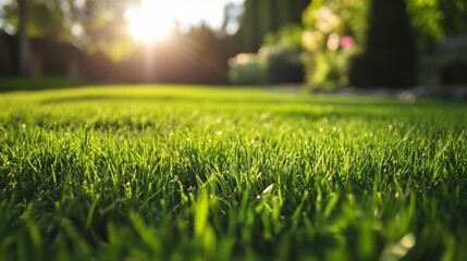 Lush green grass texture, a close-up of a freshly mowed lawn in spring. 