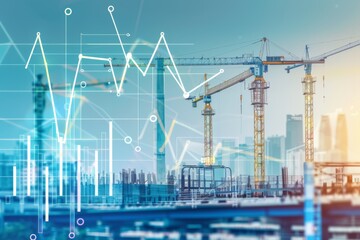 Modern Construction Site with Cranes Against City Skyline and Overlay of Financial Graphs Representing Growth and Development in Urban Areas