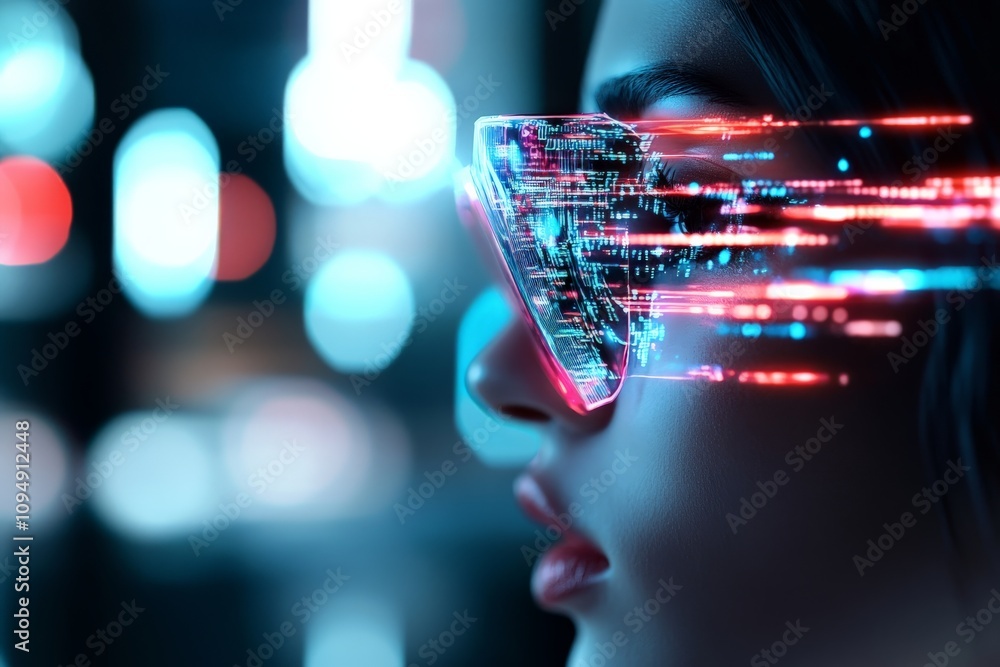 Poster a close-up image of a person wearing high-tech augmented reality glasses, with digital data visuals 