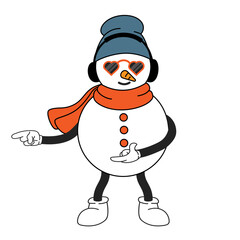 Snowman character in hat and headphones and in googles is dancing