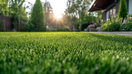 Lush green grass texture, a close-up of a freshly mowed lawn in spring. 