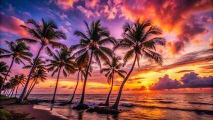 Captivating Silhouette of Palm Trees Against a Vibrant Sunset Sky on a Serene Beach, Perfect for Tropical Dreams and Relaxation Themes
