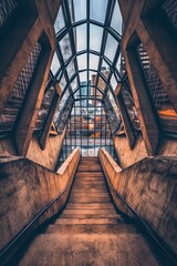 A modern staircase leads down through a glass-roofed architectural space.