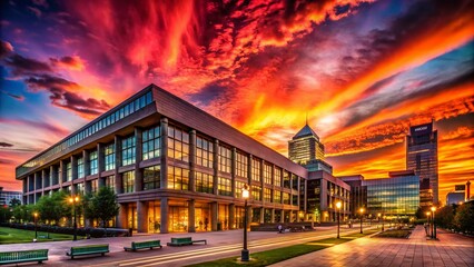 Captivating Silhouette of the Central Library in Indianapolis, Indiana Against a Colorful Sunset Sky Perfect for Architectural and Urban Photography