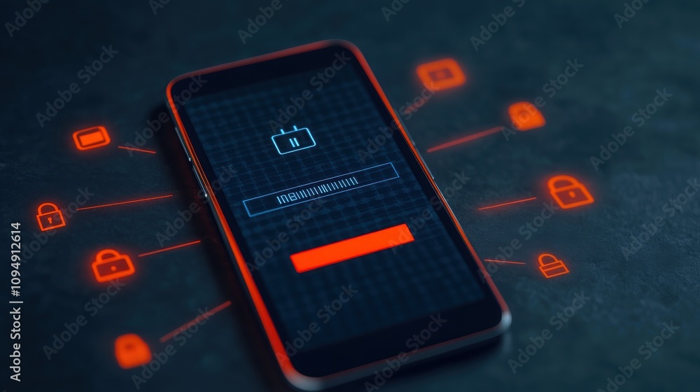 Poster a modern smartphone displays a security login screen with digital lock symbols, highlighting cyberse