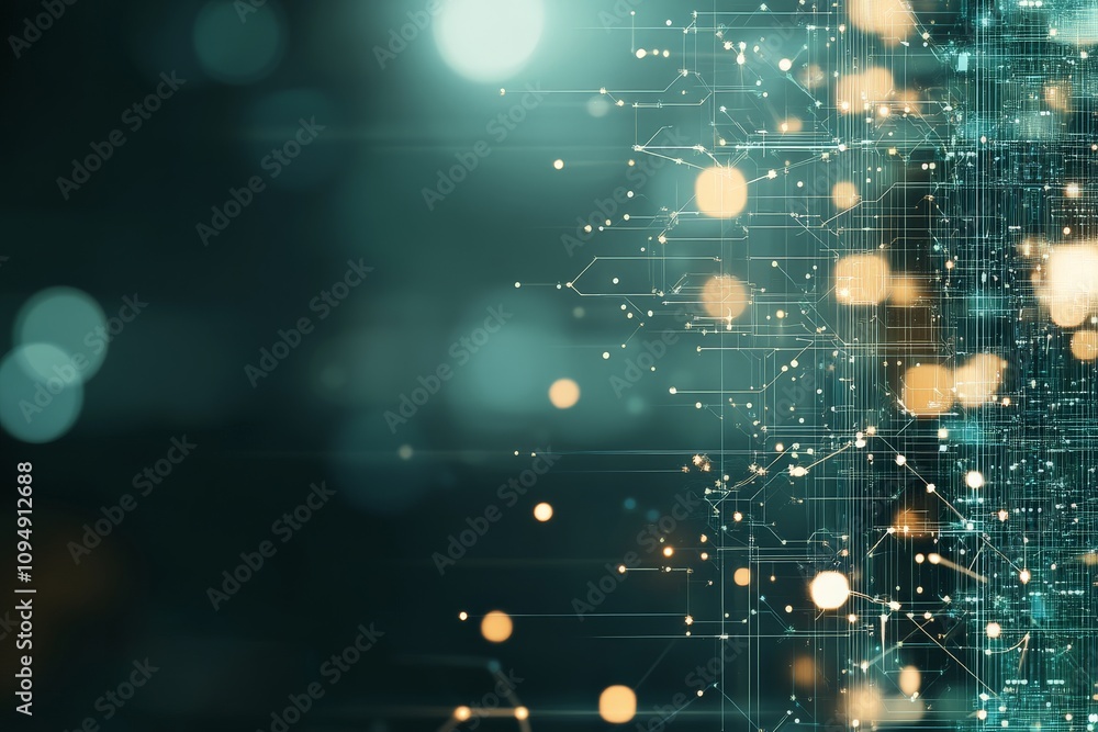 Poster interconnected dots and lines on a teal background signify digital technology and networking, convey