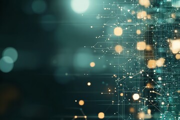 Interconnected dots and lines on a teal background signify digital technology and networking, conveying the essence of connectivity and advanced data systems.