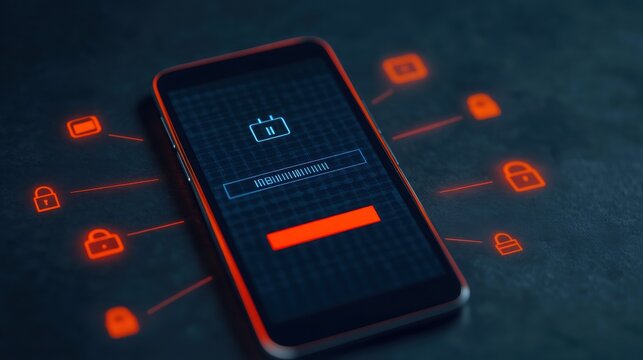 A modern smartphone displays a security login screen with digital lock symbols, highlighting cybersecurity and data protection.