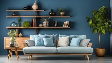 A cozy Scandinavian living room with a wooden sofa, blue wall, and grey and blue pillows. A modern shelving unit completes the space.