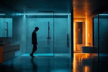 Fototapeta premium A sleek and ultra-modern bathroom exhibits a futuristic design with sci-fi lighting elements, creating an ambiance of innovation and cutting-edge style.