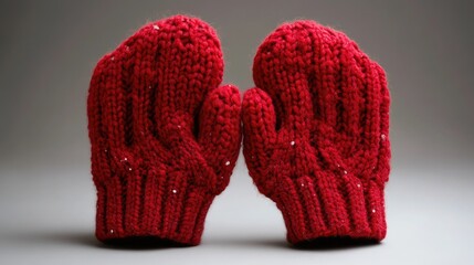Cozy Red Knitted Mittens on Neutral Background for Winter Warmth